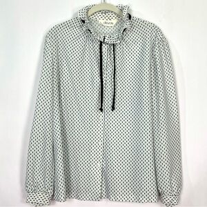 Vintage Devon White and Black Polka Dot Ruffle Tie Neck Button Up Blouse Large